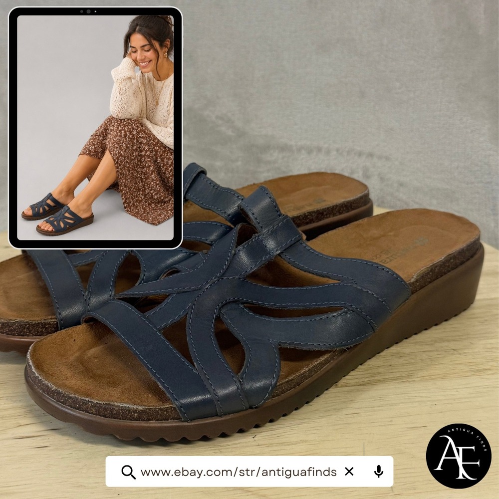 Naturalizer Fryna Navy Blue Leather Cutout Slide Wedge Sandals Womens 8.5N